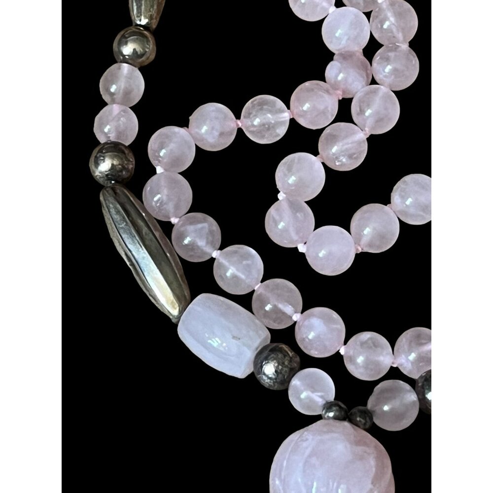 Vintage Rose Quartz Beaded Necklace w/Charms & Silver Accent Beads - Picture 7 of 16